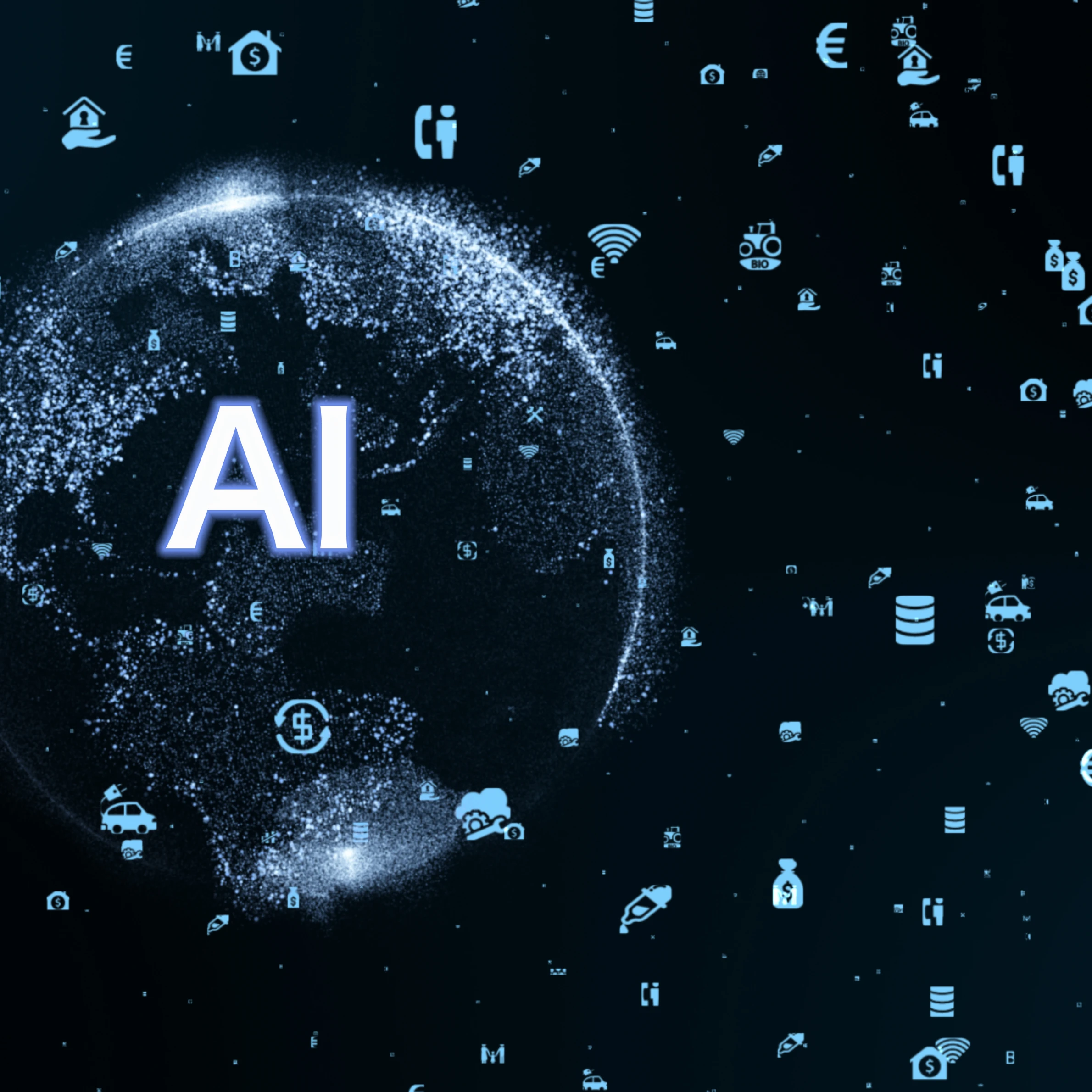Digital globe with AI text and floating technology icons
