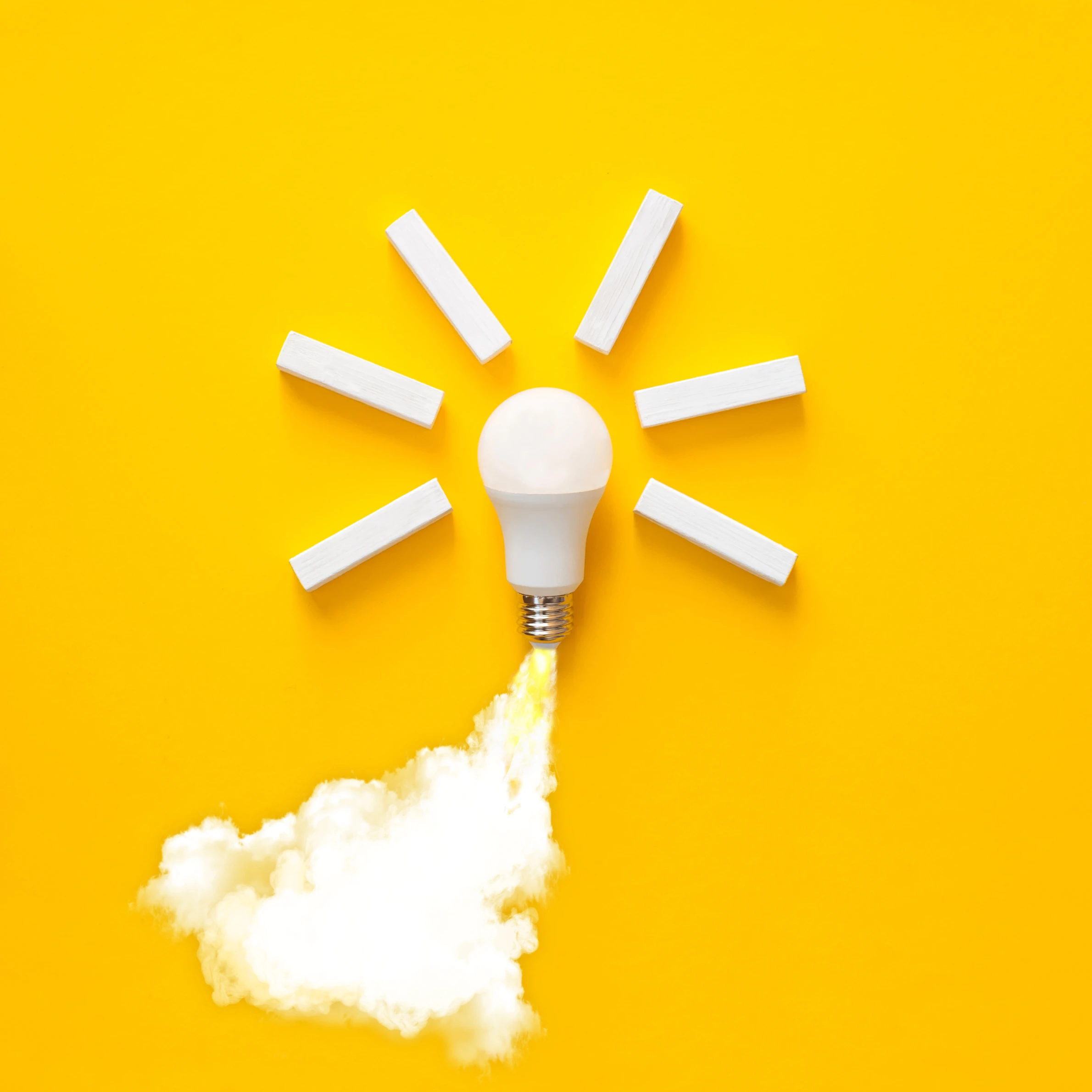 Light bulb taking off like a rocket, representing a new idea