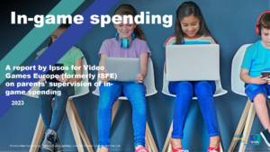 In-game spending report cover: Image of young people on smart devices and laptops. 